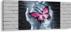 Tablou - Fluture roz în perete (120x50 cm)