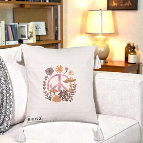 Perna Decorativa Peace Ciuperci Boho, 40x40 cm, Bej cu Franjuri, Husa Detasabila, Perna Inclusa, BEKZ®