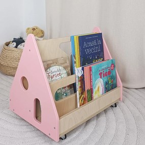 Bibliotecă Montessori cu roți, în formă de căsuță BOOKY Pink