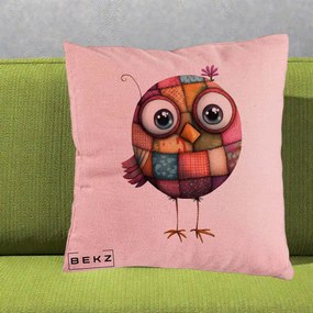 Perna Decorativa Pasare Patchwork Roz cu Floare, 40x40 cm, Roz, Husa Detasabila, Perna Inclusa, BEKZ®