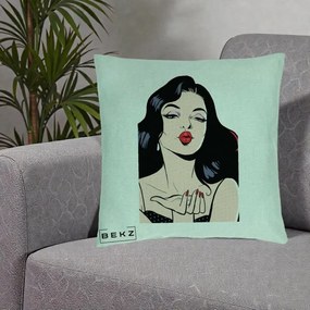 Perna Decorativa Femeie Pop-Art Kiss, 40x40 cm, Verde Menta, Husa Detasabila, Perna Inclusa, BEKZ®
