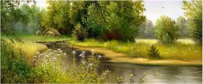 Tablou - Râu lângă pădure, pictură în ulei (120x50 cm)