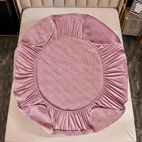 Husa de pat matlasata si 2 fete de perne din catifea, cu elastic, model tip topper, pentru saltea 160x200 cm, roz, HTC-46