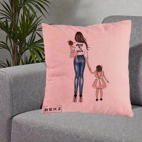 Cadou pentru Mama - Perna Personalizata Mom of Girls Mama cu Fetele, 40x40 cm, Roz, Husa Detasabila, Perna Inclusa, BEKZ®