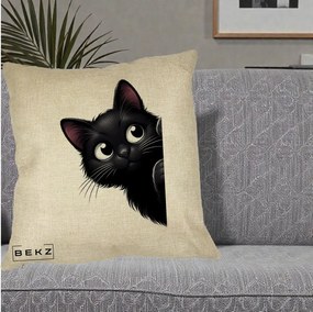 Perna Decorativa Pisica Neagra Dragalasa Curioasa, 40x40 cm, Crem, Husa Detasabila, Perna Inclusa, BEKZ®