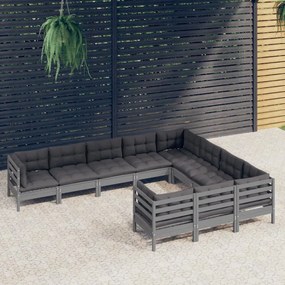 3096997 vidaXL Set mobilier grădină cu perne, 10 piese, gri, lemn de pin