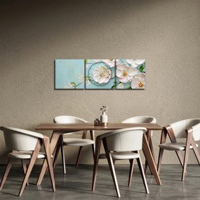 Tablou - Flori pe fundal albastru (cu ceas) (90x30 cm)