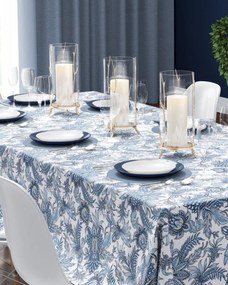 Fata de masa din bumbac Culoare alb, FLORI ALBASTRE 140x240 cm