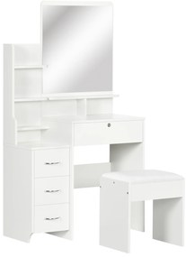 HOMCOM Post de machiaj cu oglindă mare din sticlă temperată, tocător de machiaj cu scaun căptușit, 4 sertare și 4 rafturi, post de machiaj pentru dormitor, alb | Aosom Romania