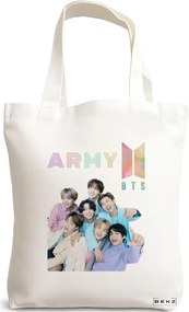 Sacosa de Panza pentru Cumparaturi, Geanta Tote, model BTS Army 7, 38x34.5 cm, Alba, BEKZ®