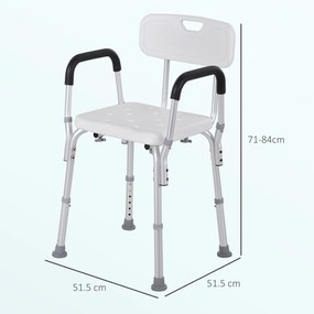 HOMCOM Scaun de Duș cu Spătar, Brațe, Înălțime Reglabilă și Picioare Antiderapante, 51,5x51,5x71-84 cm, Alb | Aosom Romania