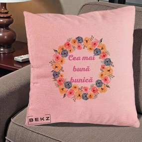 Cadou pentru Bunica - Perna Personalizata Cea Mai Buna Bunica Coronita Flori Multicolore, 40x40 cm, Roz, Husa Detasabila, Perna Inclusa, BEKZ®