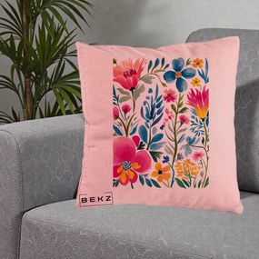 Perna Decorativa Gradina Florala Acuarela Colorata, 40x40 cm, Roz, Husa Detasabila, Perna Inclusa, BEKZ®