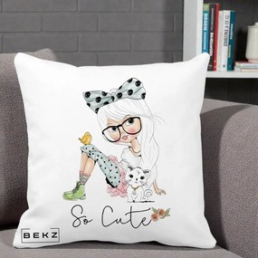 Perna Decorativa So Cute Fata Fashion, 40x40 cm, Alba Mata, Husa Detasabila, Perna Inclusa, BEKZ®