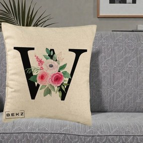 Cadou Personalizat - Perna Personalizata Monograma Florala Litera W cu Trandafiri si Anemona, 40x40 cm, Bej, Husa Detasabila, Perna Inclusa, BEKZ®