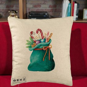 Perna Decorativa Saculet Cadouri Mos Craciun Acuarela Verde, 40x40 cm, Bej, Husa Detasabila, Perna Inclusa, BEKZ®