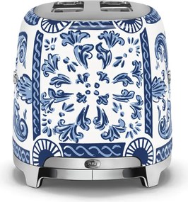 Prajitor de paine SMEG Dolce & Gabbana Blu Mediterraneo TSF01DGBEU, 950 W, 2 felii, 6 trepte, Tava pentru firimituri, Cablu integrat, Otel inoxidabil, Albastru