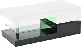 Masă de cafea cu iluminare ambientală LED, poliță din sticlă &amp; finisaj lucios, 90x45x35,5 cm, Alb+Negru