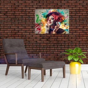 Tablou pe sticlă - Artista cu căști (70x50 cm)