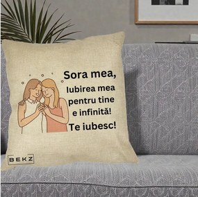 Cadou pentru Sora - Perna Personalizata Sora Mea Te Iubesc Imbratisare cu Sclipiri, 40x40 cm, Crem, Husa Detasabila, Perna Inclusa, BEKZ®