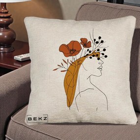 Perna Decorativa Portret Feminin Maci Rosii Auriu, 40x40 cm, Bej Canapea, Husa Detasabila, Perna Inclusa, BEKZ®