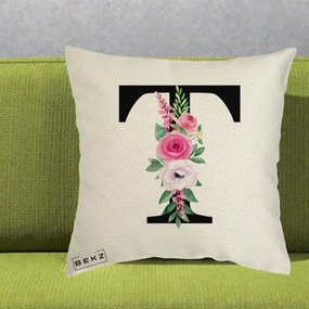 Cadou Personalizat - Perna Personalizata Monograma Florala Litera T, 40x40 cm, Ecru, Husa Detasabila, Perna Inclusa, BEKZ®