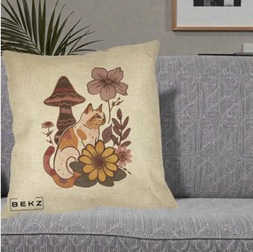 Perna Decorativa Pisica Vintage Florala Boho, 40x40 cm, Crem, Husa Detasabila, Perna Inclusa, BEKZ®