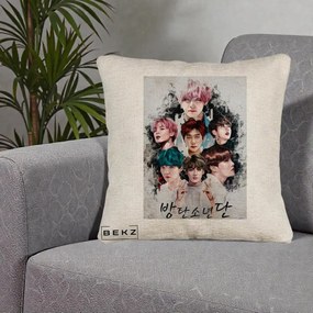 Perna Personalizata K-pop BTS Bangtan Boys Poster Artistic Negru Alb, 40x40 cm, Bej Canapea, Husa Detasabila, Perna Inclusa, BEKZ®