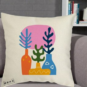 Perna Decorativa Vaze Botanice Abstract, 40x40 cm, Ecru, Husa Detasabila, Perna Inclusa, BEKZ®