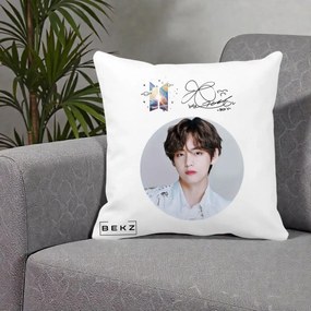 Perna Personalizata K-pop BTS V Taehyung Portret Cerc Autograf, 40x40 cm, Alba Mata, Husa Detasabila, Perna Inclusa, BEKZ®