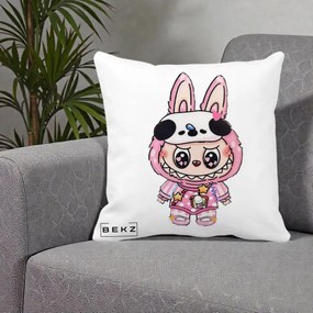 Perna Personalizata Labubu Panda-Bunny Roz, 40x40 cm, Alba Mata, Husa Detasabila, Perna Inclusa, BEKZ®