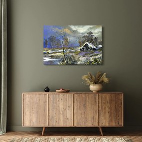 Tablou -Cabane într-un peisaj de iarnă, pictură în ulei (90x60 cm)