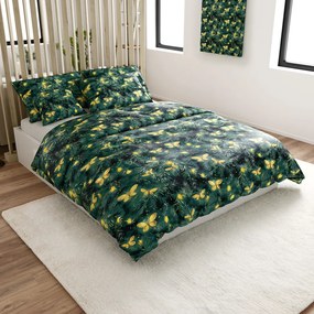 Set Lenjerie cocolino YELLOW BUTTERFLY verde inchis + Cearsaf cocolino microplus cu elastic SOFT 180x200 cm alb, pat dublu
