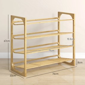 HOMCOM Etajeră pentru pantofi cu 4 niveluri, depozitare 12 perechi cu design cu lamele, bambus, 76x33x67cm, lemn natural | Aosom Romania