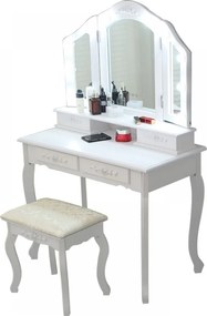 RESIGILAT- Set Anastasia, masă de toaletă cu 3 oglinzi iluminate LED, control touch, 4 sertare, scaun, Alb