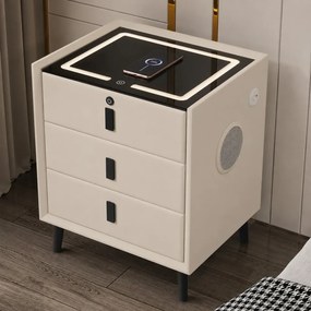 Noptieră inteligentă multifuncțională, 3 sertare, blocare cu amprentă, LED-uri tactile, 3 tipuri de culoare, încărcare fără fir, Difuzor Bluetooth, incarcare USB, sticla securizata, Ivory