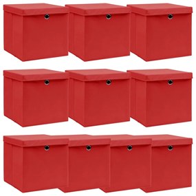 Cutii depozitare cu capace, 10 buc., rosu, 32x32x32 cm, textil 10, Rosu cu capace, 1, 10
