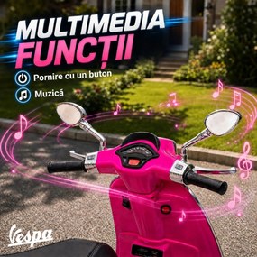 AIYAPLAY Motocicletă electrică pentru copii cu licență Vespa, roți ajutătoare, far și muzică, PP și metal, 107x47x73 cm, Roz | Aosom Romania