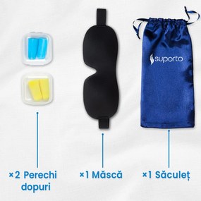 Masca de dormit Suporto 3D cu saculet Albastru Închis, masca de somn premium, reglabila, blochează lumina în totalitate, cu 2 Seturi de dopuri de