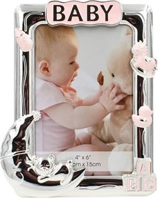 Ramă Foto BABY AZAY Roz cu Elemente Decorative, 10x15 cm, Ramă Foto Fetițe, Cadou Botez / Nou-Născut, Cutie Cadou Inclusă