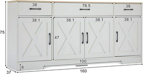 Bufet modern în design scandinav-industrial, cu 3 sertare și 4 uși, 160x37x75 cm, Alb