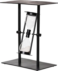 Măsuță laterală îngustă din metal, negru, cu clepsidră din sticlă pe pivot, 60 x 50 x 30 cm, „Time traveler”