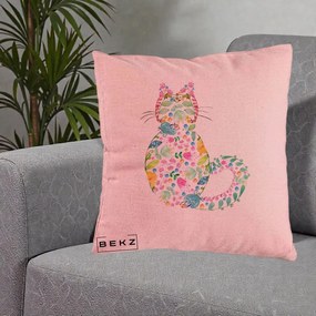 Perna Decorativa Pisica Florala Acuarela, 40x40 cm, Roz, Husa Detasabila, Perna Inclusa, BEKZ®