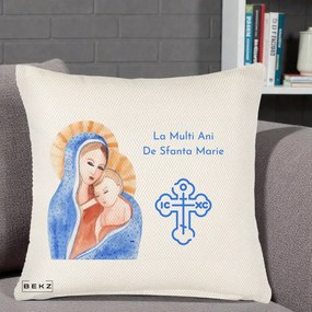 Cadou de Onomastica - Perna Personalizata Sfanta Marie Icoana Acuarela, 40x40 cm, Crem Reliefat, Husa Detasabila, Perna Inclusa, BEKZ®