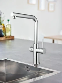 Baterie bucatarie Grohe Blue Home, monocomanda, sistem de filtrare apa, racire apa si apa carbogazoasa, 3 nivele mineralizare, cartus ceramic, pipa tip L, pivotanta 150, crom-31454001