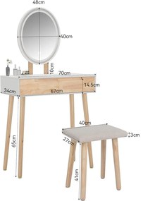 SEM235 - Set Masa toaleta, 70 cm, cosmetica machiaj, oglinda cu LED, masuta vanity, scaun tapitat - Alb - Maro