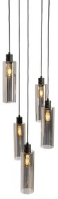 Lampă modernă suspendată neagră cu sticlă fumurie cu 5 lumini - Stavelot