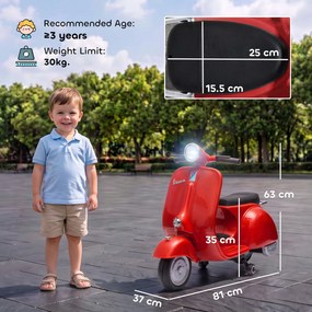 AIYAPLAY Motocicletă Electrică pentru Copii 3+ Ani, licență VESPA, 6V, cu roți ajutătoare detașabile, max. 30 kg, Roșu | Aosom Romania