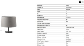 Lampa de masa abajur textil 48cm WINDSOR negru, gri