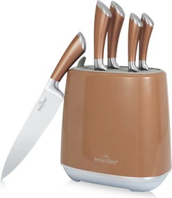 Set de cutite Swiss Haus SH-KSL6CO, 6 piese, Otel inoxidabil, Manere metalice, Suport, Cupru